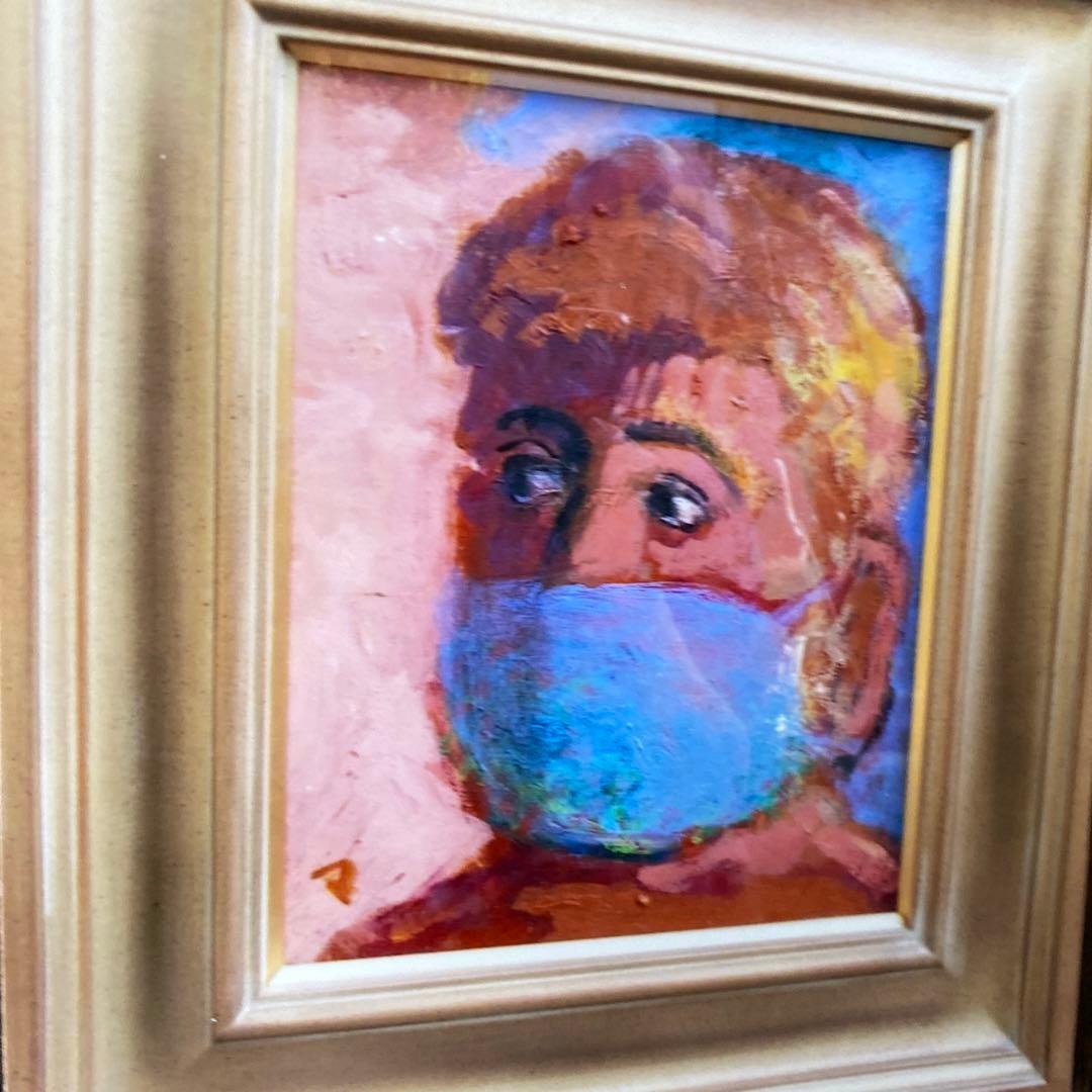 絵画　油絵　油彩画　菊地正則　「マスクをする男」F3号　額付き　サインあり　美品