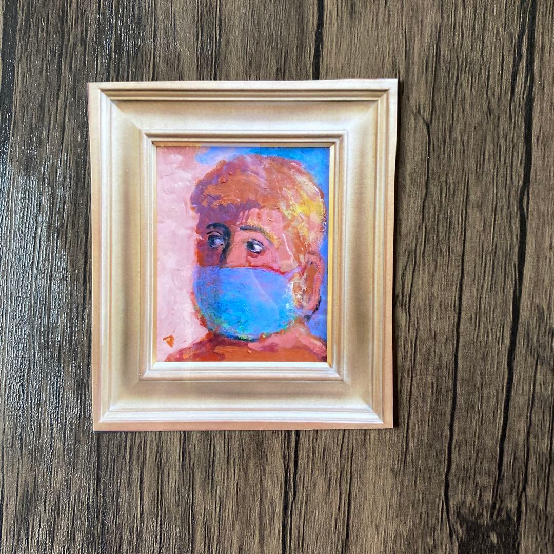 絵画　油絵　油彩画　菊地正則　「マスクをする男」F3号　額付き　サインあり　美品