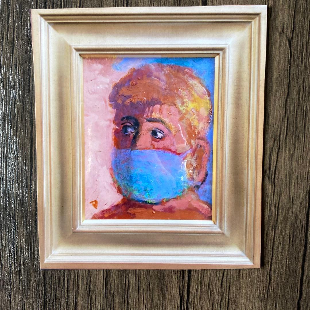 絵画　油絵　油彩画　菊地正則　「マスクをする男」F3号　額付き　サインあり　美品