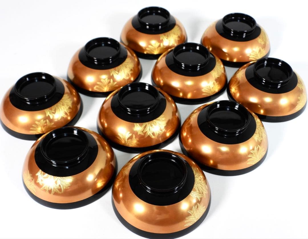 【美品】輪島塗 木製漆器 沈金 蓋椀 吸物椀 汁椀 10客