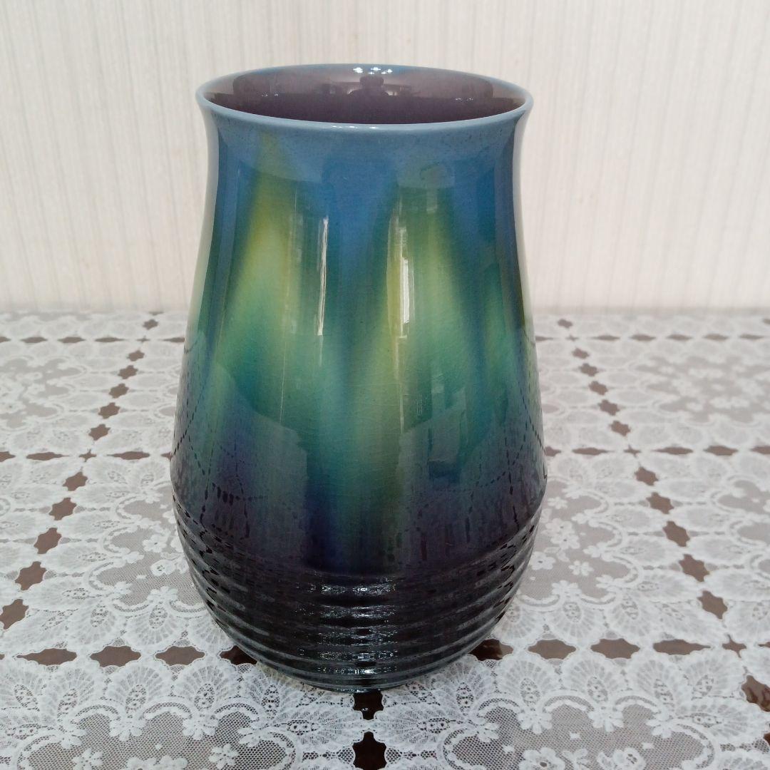 九谷焼　徳田八十吉　碧明燿彩釉花瓶