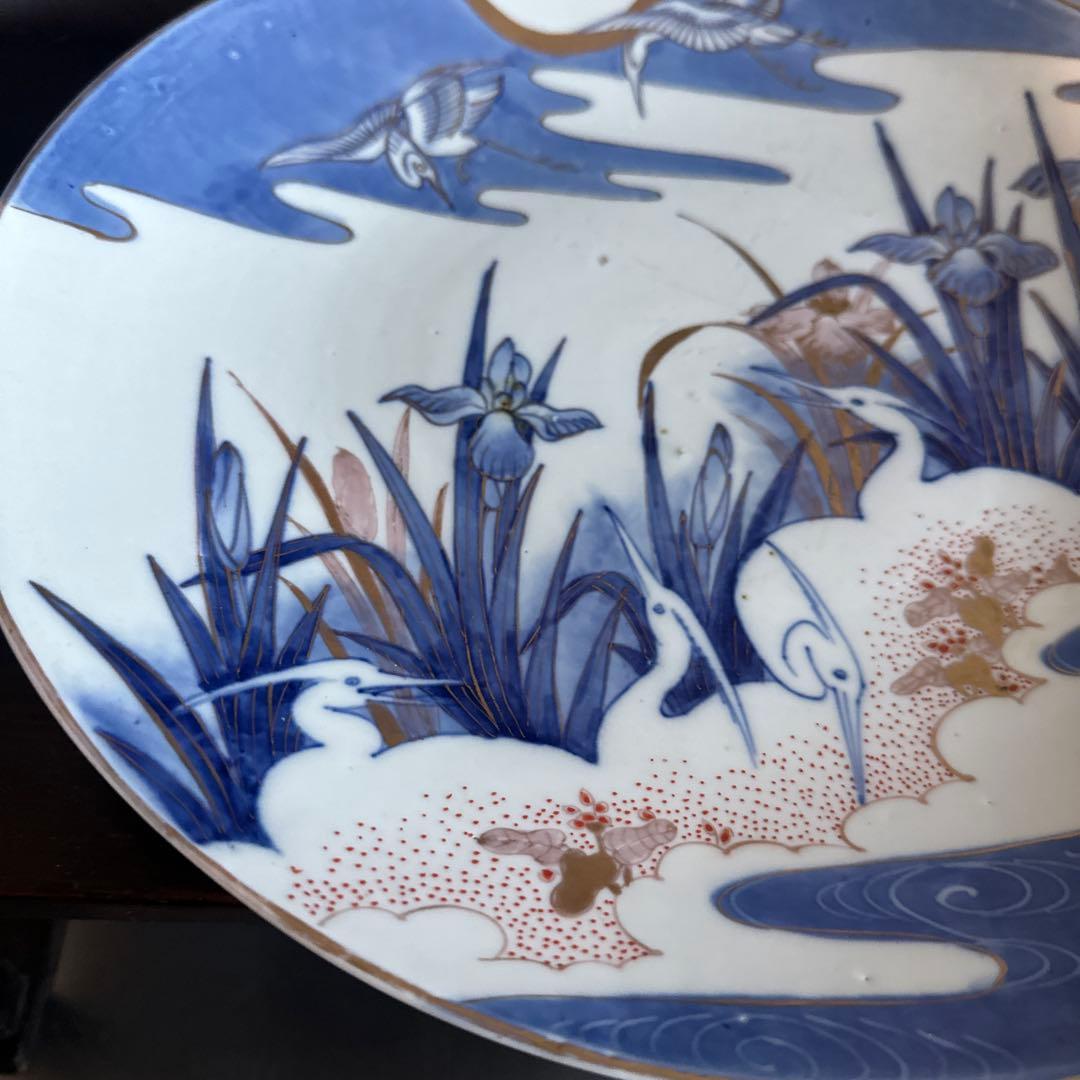 お値下げ❣️ヴィンテージ　大皿　青　　　白い鶴と花の陶器皿