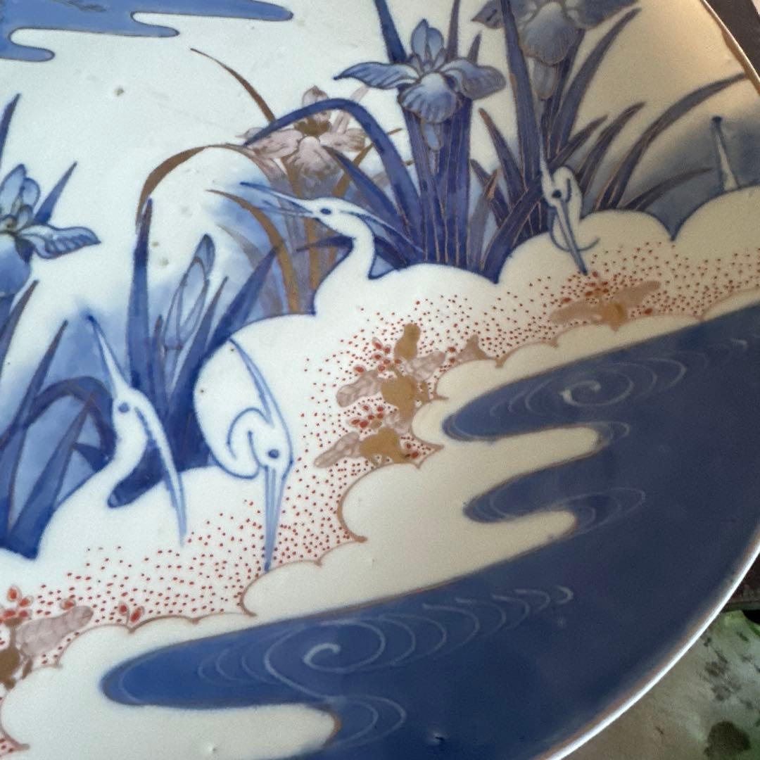 お値下げ❣️ヴィンテージ　大皿　青　　　白い鶴と花の陶器皿