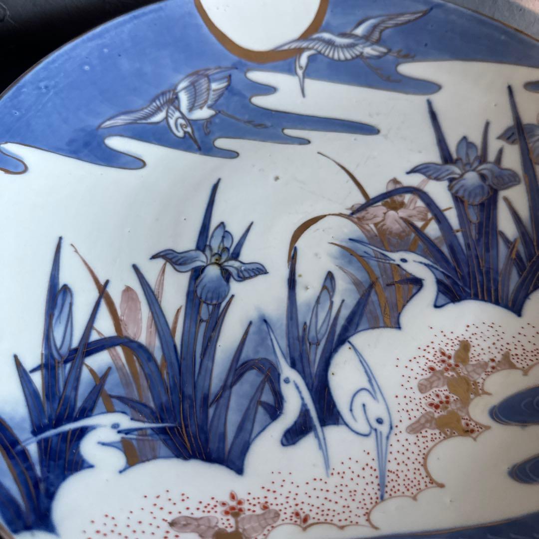 お値下げ❣️ヴィンテージ　大皿　青　　　白い鶴と花の陶器皿