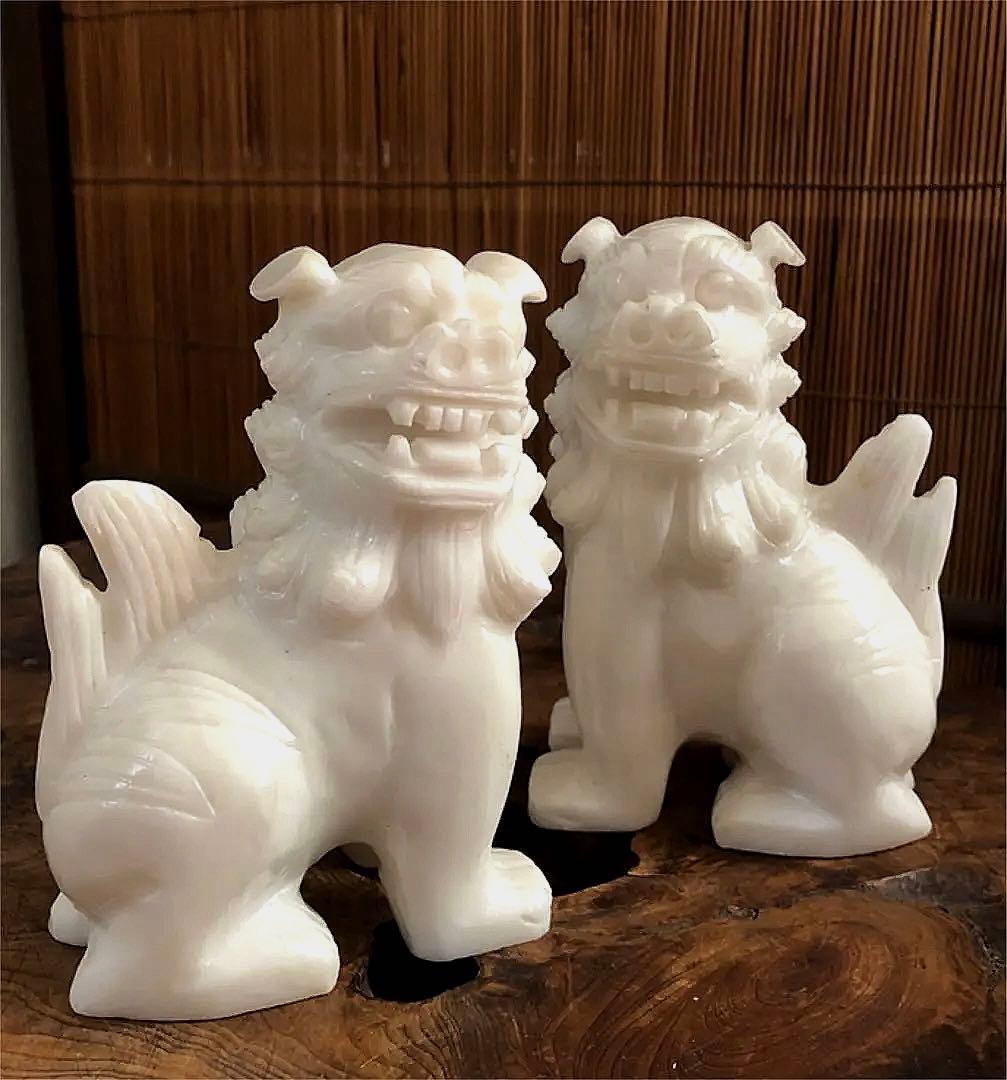 中国美術 獅子 古白玉 彫刻 一対