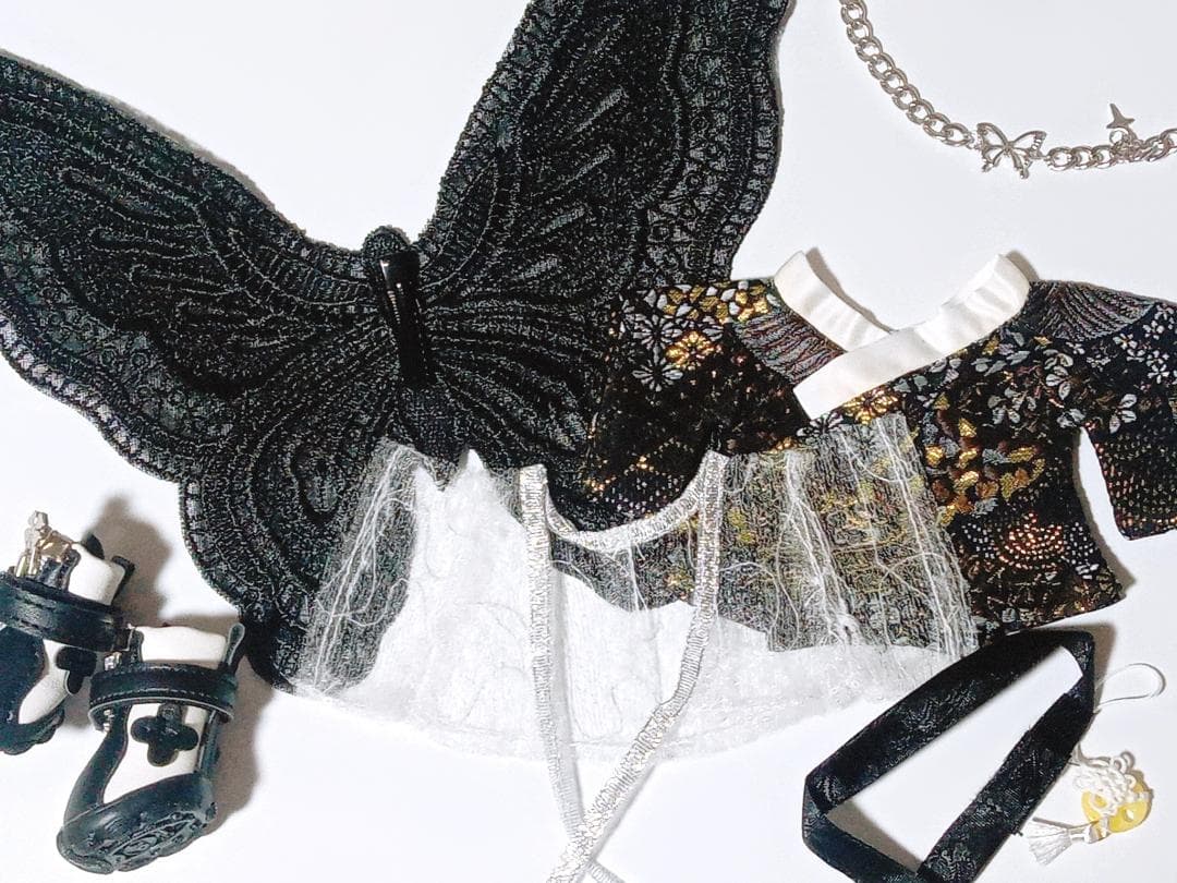 20cm ぬいぐるみ服　黒　蝶　羽根　ネックレス　和服　着物　チャイナ　靴