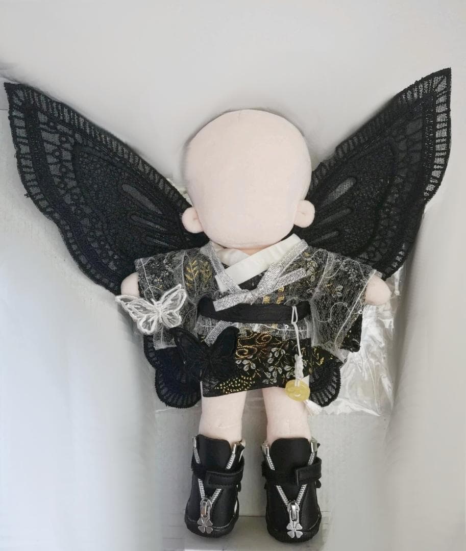 20cm ぬいぐるみ服　黒　蝶　羽根　ネックレス　和服　着物　チャイナ　靴