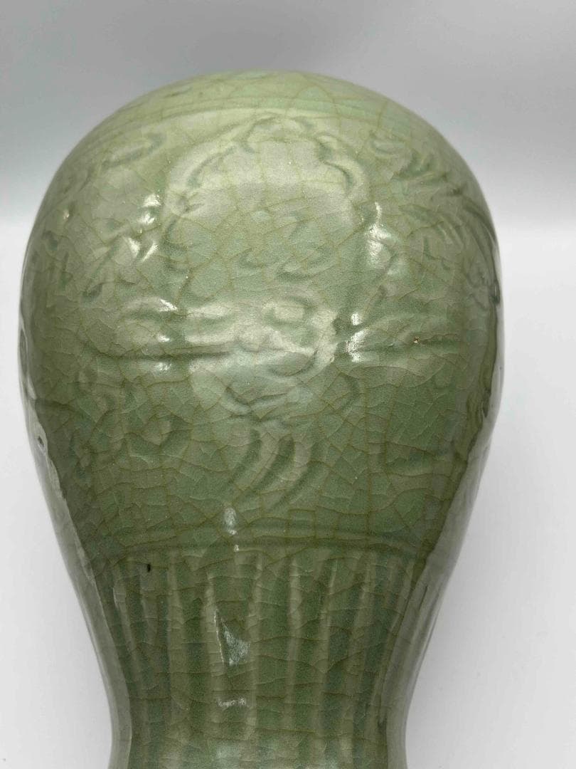 南宋時代　龍泉窯　梅子青 青磁 刻花文大梅瓶 花入　花瓶　茶道具(B-29)