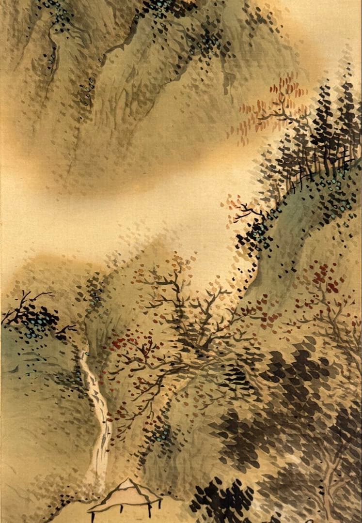 竹塘山人筆　絹本肉筆　青緑山水　共箱　掛軸　送料込み250902