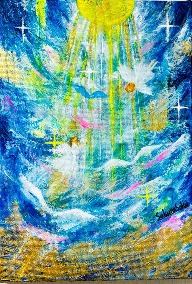 【降り注ぐ金色の光】,天使,angel,空,青空,光,ブルー,青,青い鳥,抽象画