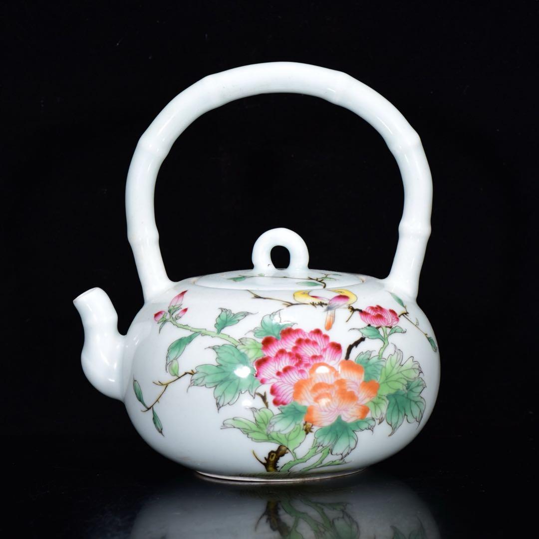 旧蔵　文房具　茶道具　清 雍正御製 粉彩花鳥文 提壺　陶器急須　縁起物　飾り