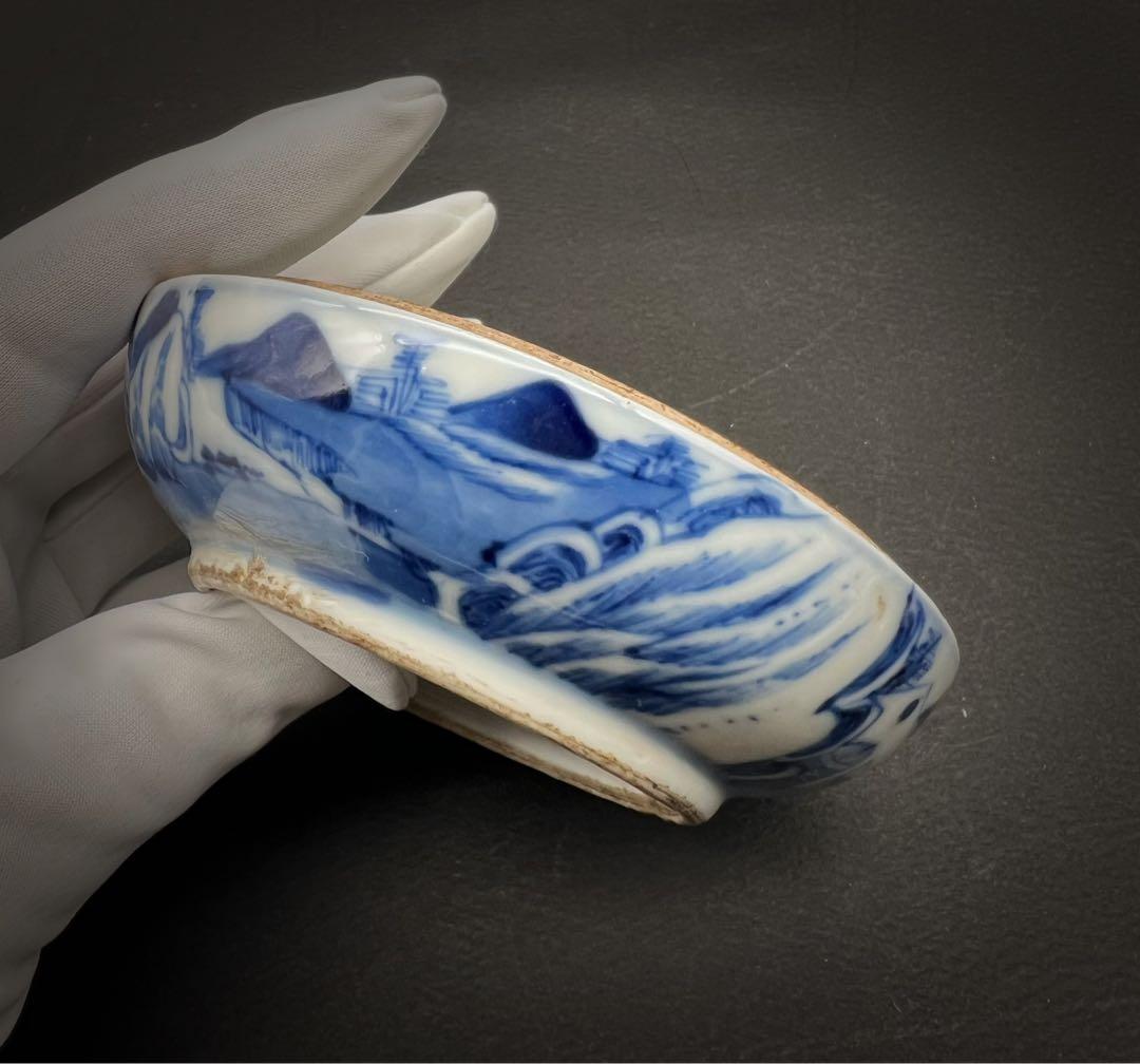 中国美術 古玩 青花染付 乾隆年製 爵禄封侯 山水紋樣 蓋合 古道具