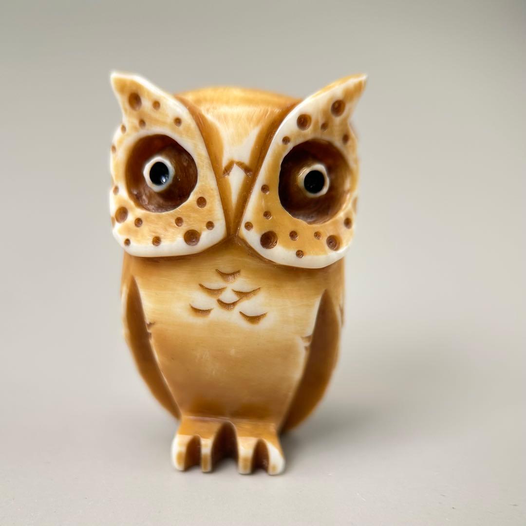 フクロウの置物彫刻極上根付天然素材アンティーク骨董飾り物古美術置物細密細工