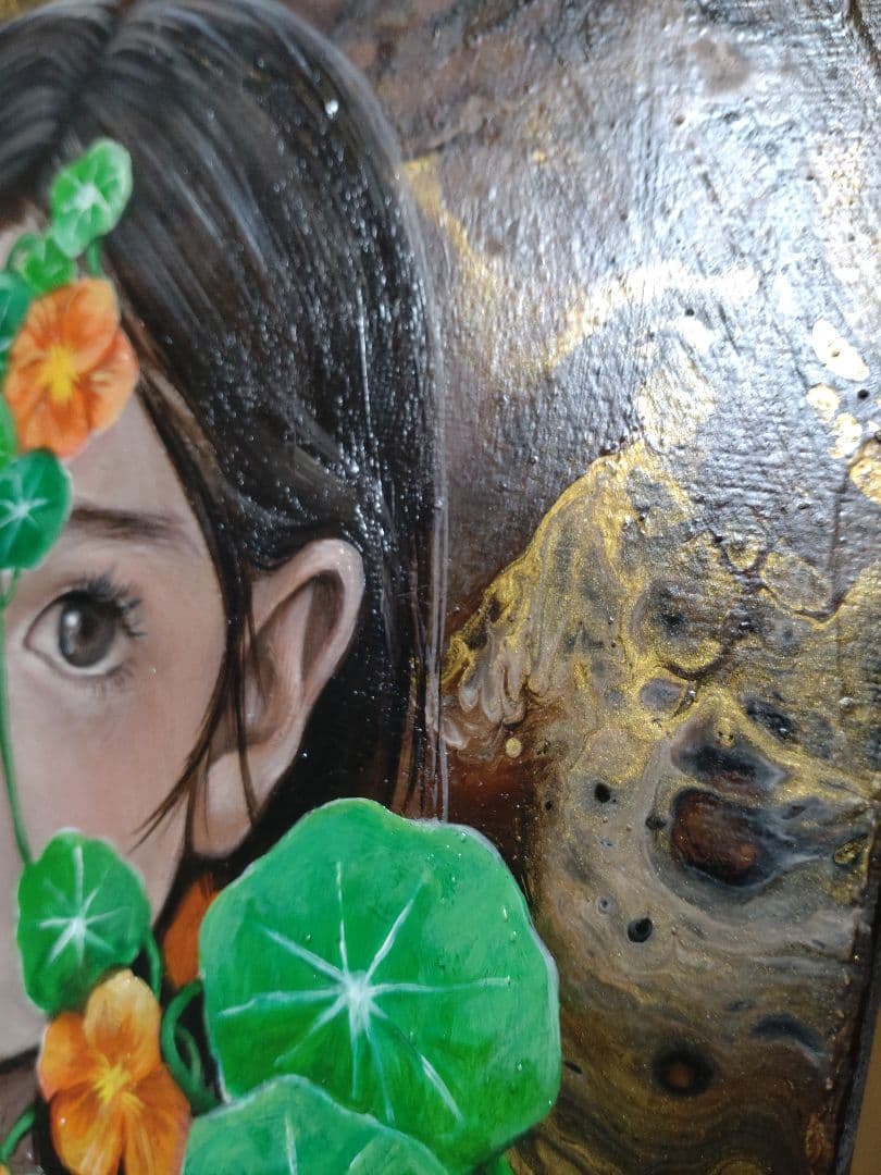 少女の油絵【金蓮花】1点物の原画◆作者サイン入り/F3号キャンバス