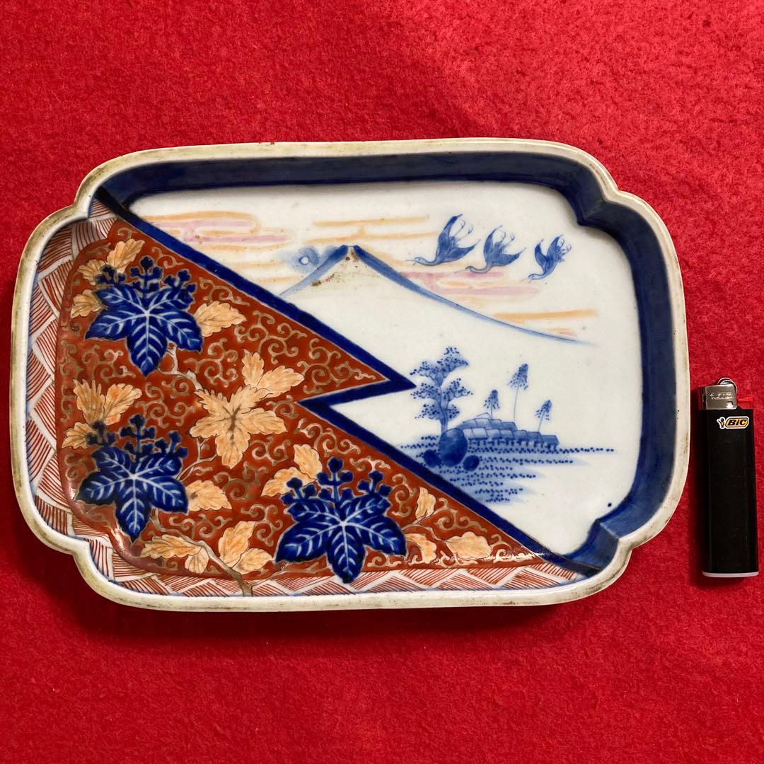 （珍）レトロアンティーク　佐賀　古伊万里焼　白磁色絵　唐草桐紋錦絵角皿