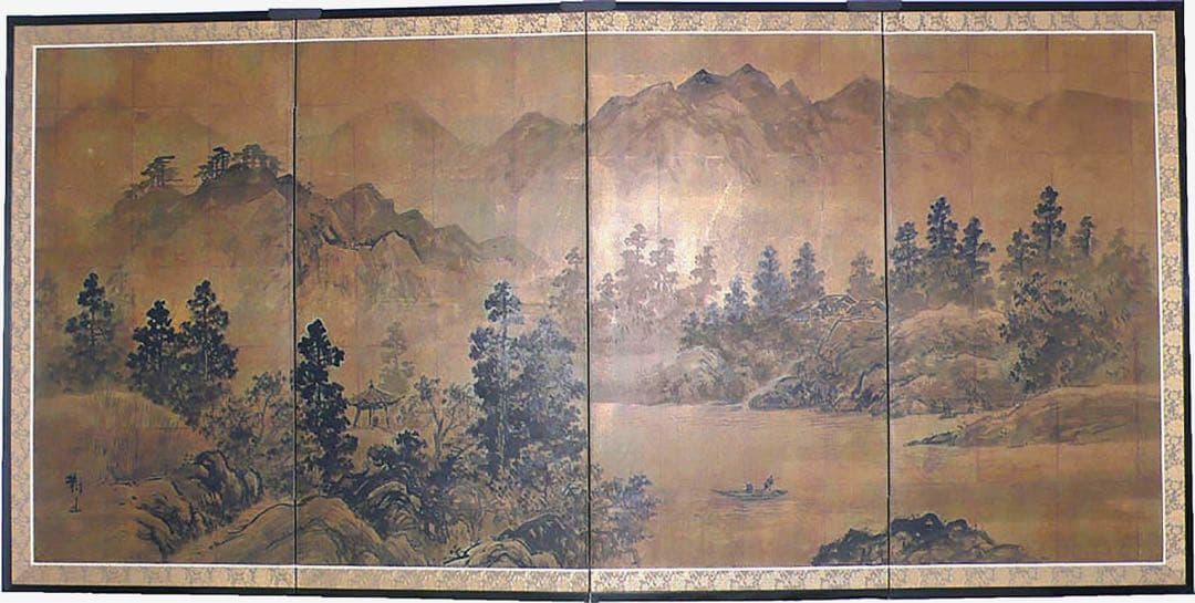 四つ折り屏風　日本画　金箔彩色　寒村山水