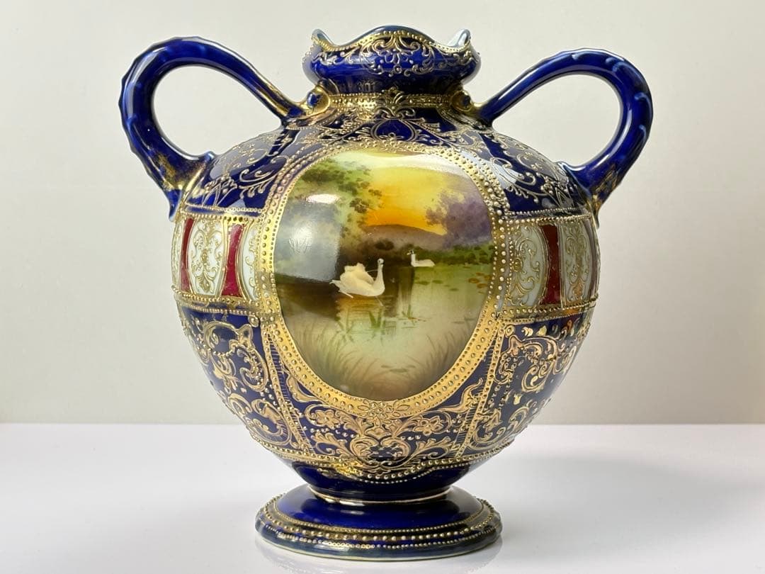 里帰り オールド ノリタケ コバルト 金盛湖畔白鳥図 双耳花瓶 R71123-4
