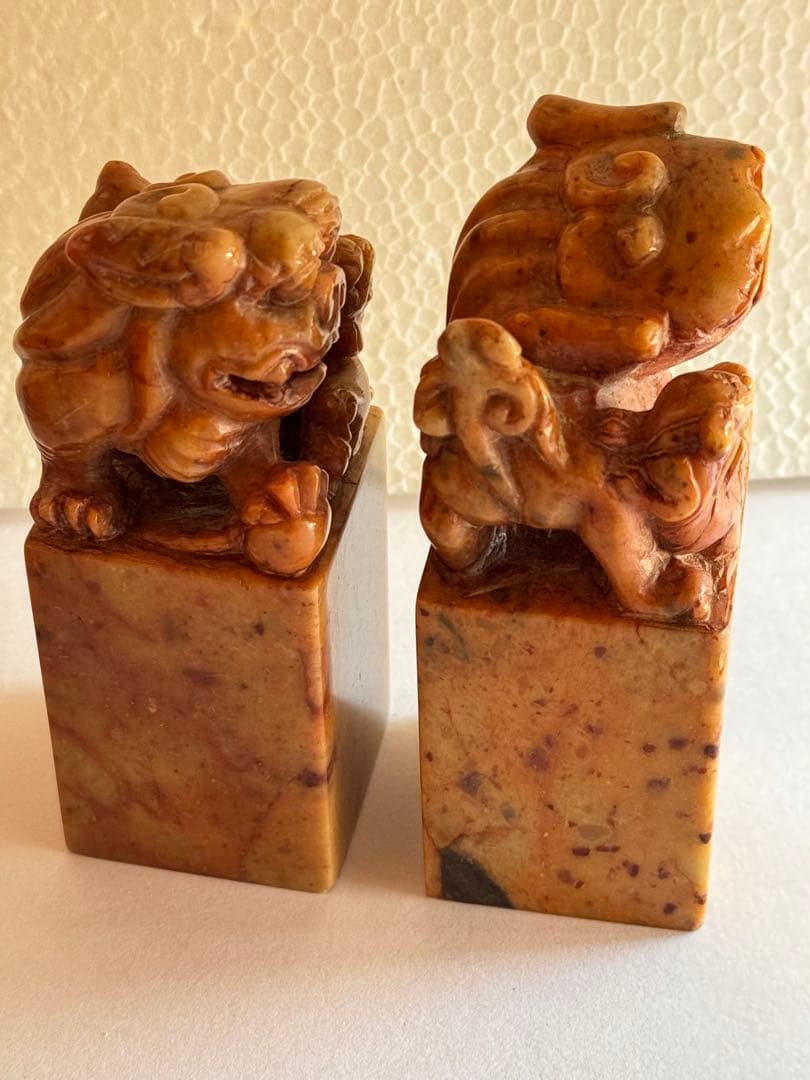 【希少】獅子鈕紅芙蓉橙石印材　印石　印材　中国　2個セット　箱入り