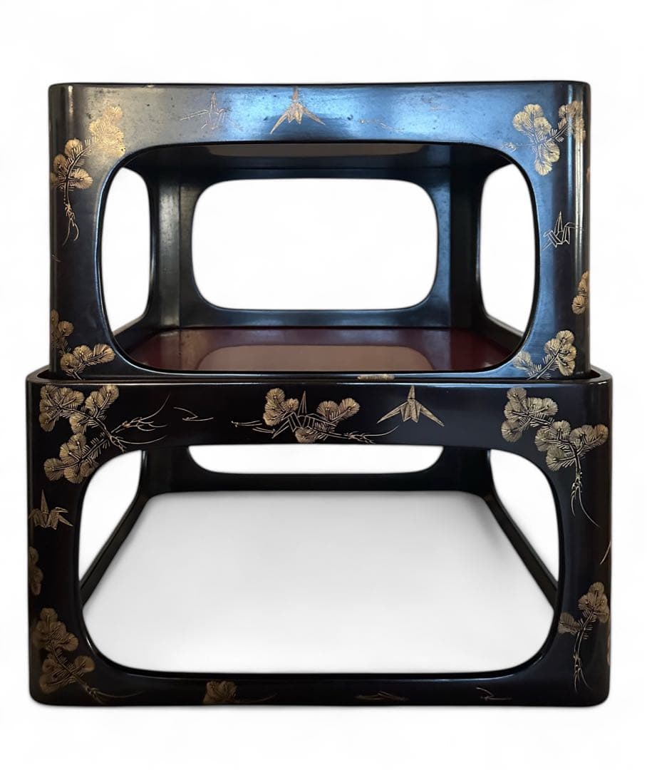 輪島塗 脚付膳 入れ子　５客 明治期 廣盆 漆器 蒔絵 黒朱塗沈金 漆塗