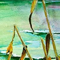 絵画「薄氷の朝の鴨」　水彩画