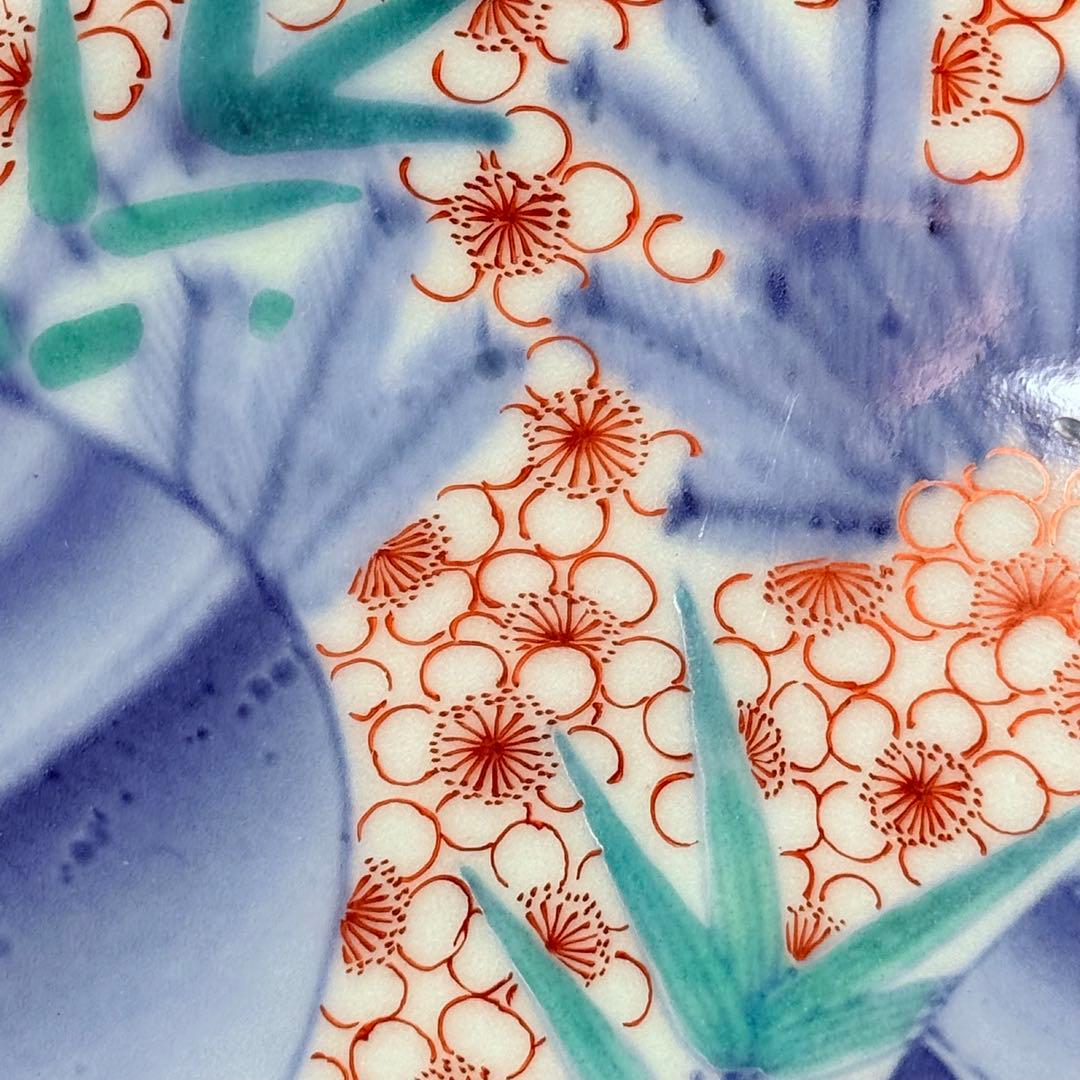 後期鍋島　献上品　色絵宝珠文高台皿　櫛文様高台　共箱　赤絵　桜文様