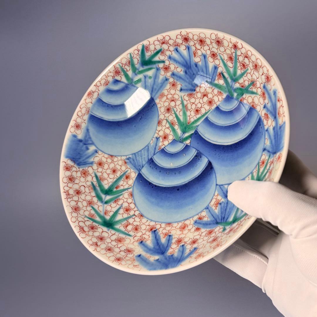 後期鍋島　献上品　色絵宝珠文高台皿　櫛文様高台　共箱　赤絵　桜文様