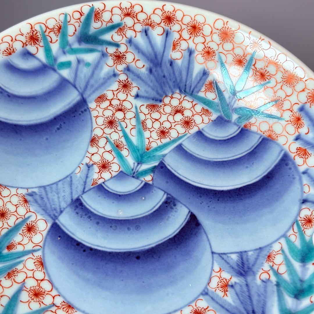 後期鍋島　献上品　色絵宝珠文高台皿　櫛文様高台　共箱　赤絵　桜文様