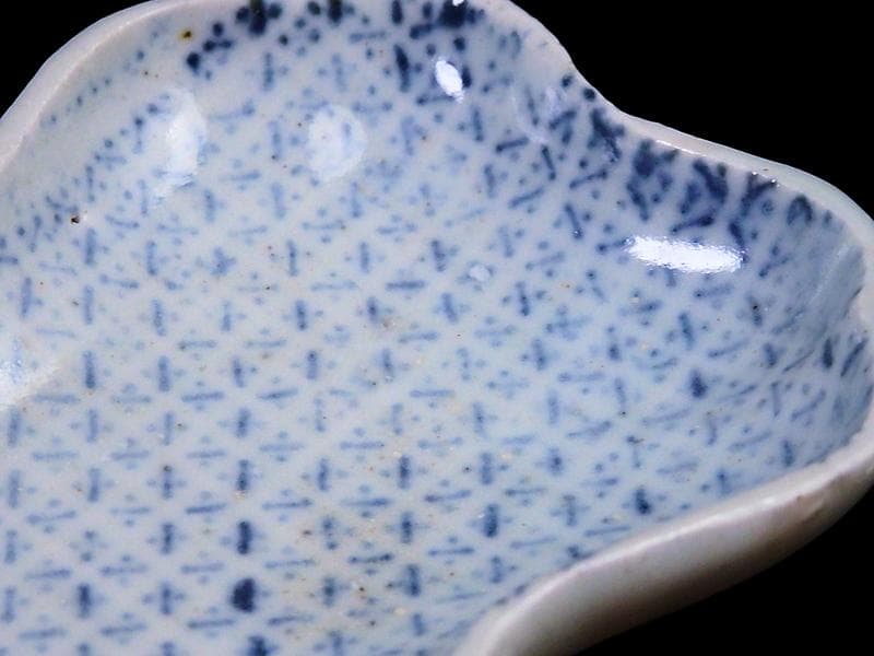 古伊万里　染付　型刷印判　幾何学文様の図　変形皿　E578 AS-CWh