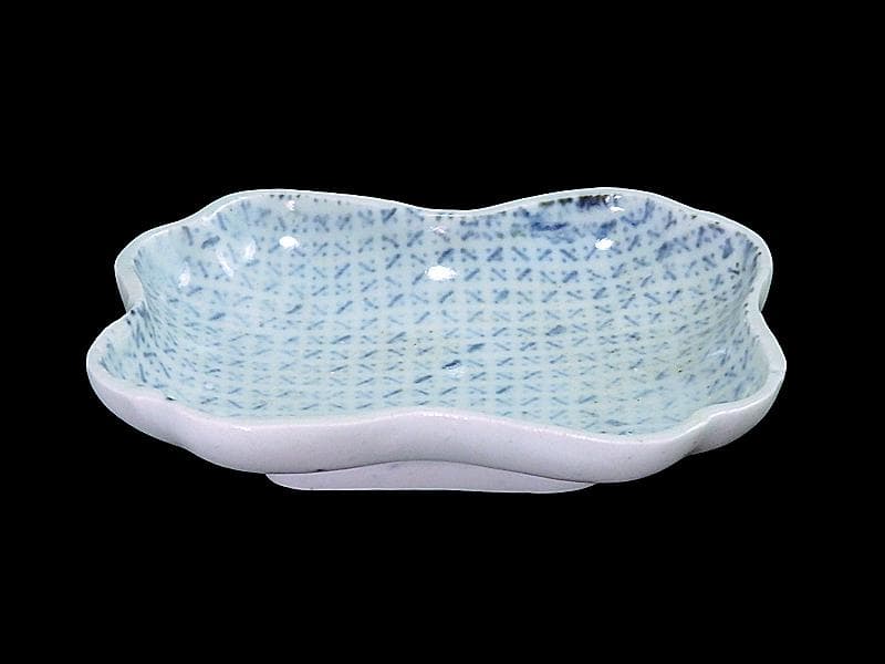 古伊万里　染付　型刷印判　幾何学文様の図　変形皿　E578 AS-CWh