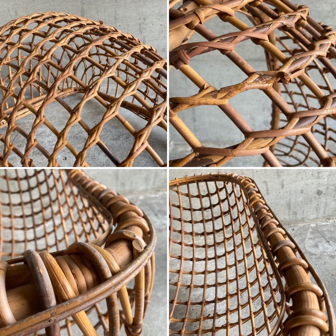 大きな竹籠 かご バスケット ハンキング 大型 竹製 古道具 インテリア レトロ