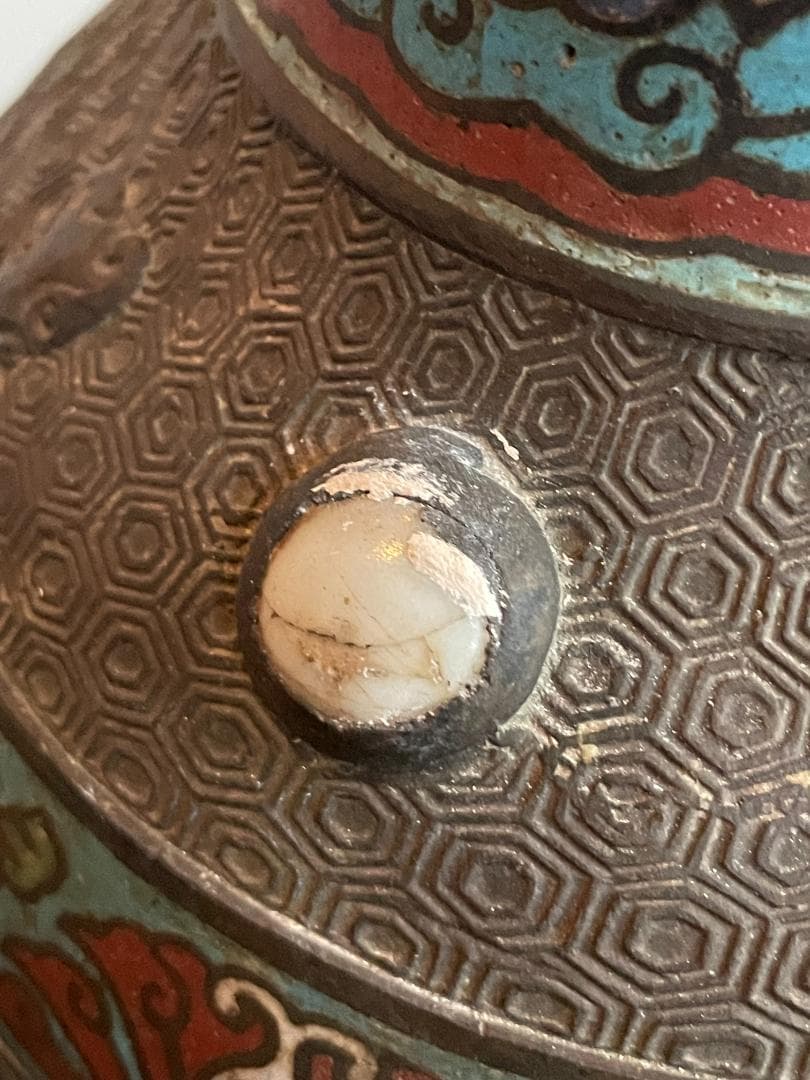 希少 中国 花瓶 壺 美術 古銅 古玩 宝石嵌 翡翠 亀甲文 七宝 双獣耳 龍飾