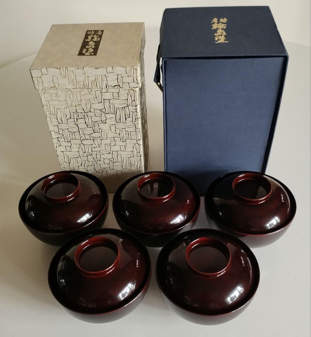 輪島塗　ひょうたん蒔絵　煮物椀　5客セット　溜塗