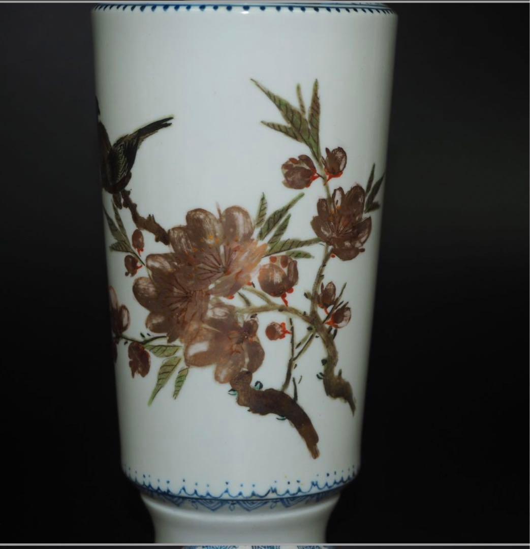 送料無料　1950～60年代景徳鎮製薄胎花瓶　手描き 画於珠山 中国名磁　共箱