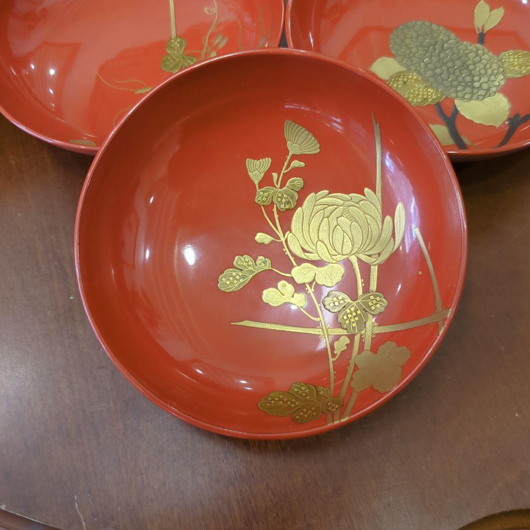 骨董　お椀　木製漆器　蒔絵　図変わり　花尽くし　蓋付き　6客