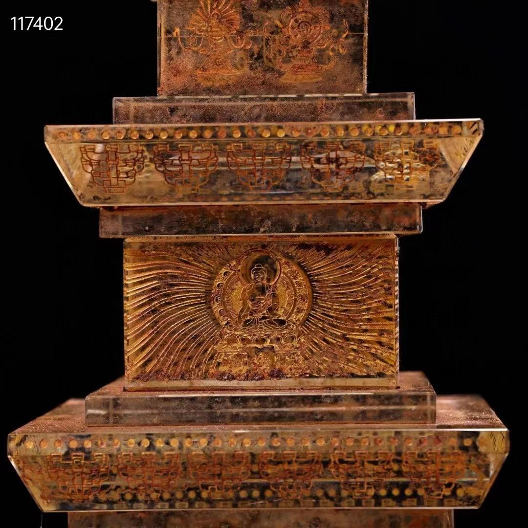 中国古美術・古琉璃彫・銘文・描金雕刻經文琉璃仏骨舍利寶塔・再生仏骨舍利附・極細工