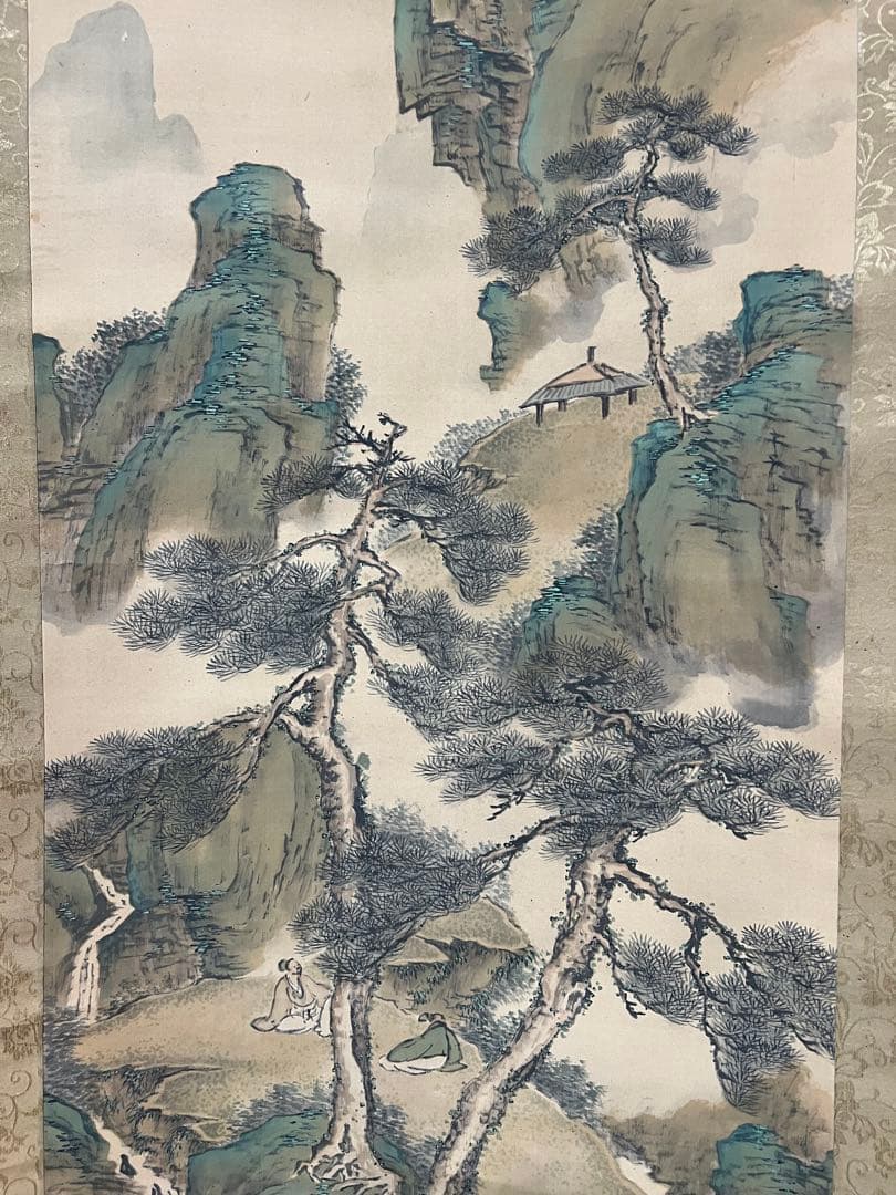 掛軸　諏訪部直亭［青緑山水人物の図］絹本　信州の画家　木箱無！