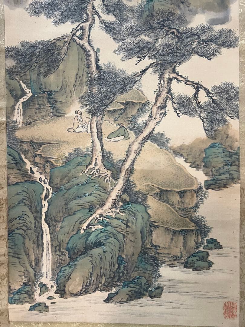 掛軸　諏訪部直亭［青緑山水人物の図］絹本　信州の画家　木箱無！