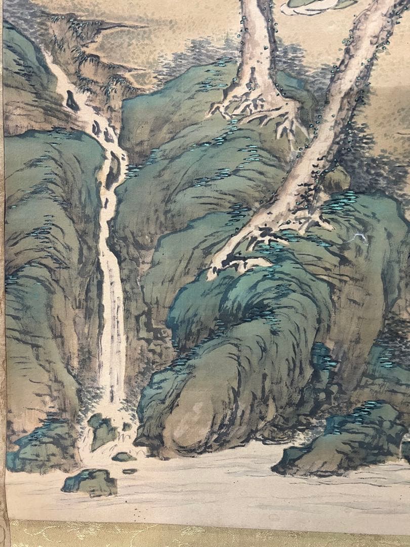 掛軸　諏訪部直亭［青緑山水人物の図］絹本　信州の画家　木箱無！