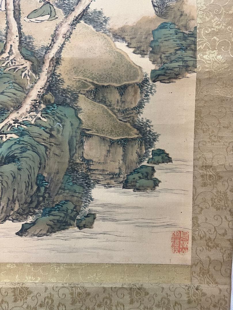 掛軸　諏訪部直亭［青緑山水人物の図］絹本　信州の画家　木箱無！