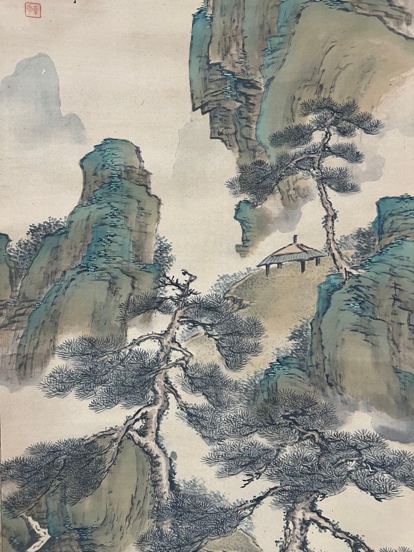 掛軸　諏訪部直亭［青緑山水人物の図］絹本　信州の画家　木箱無！