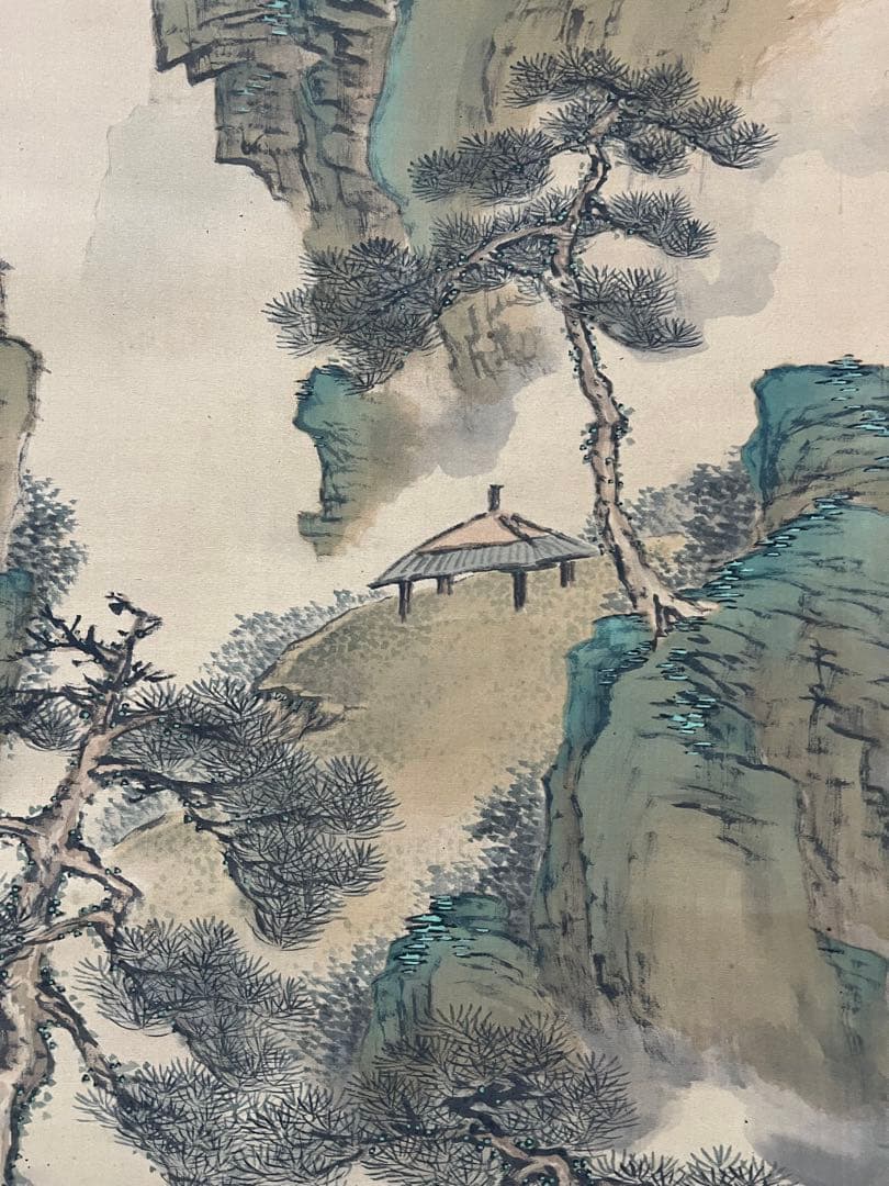 掛軸　諏訪部直亭［青緑山水人物の図］絹本　信州の画家　木箱無！