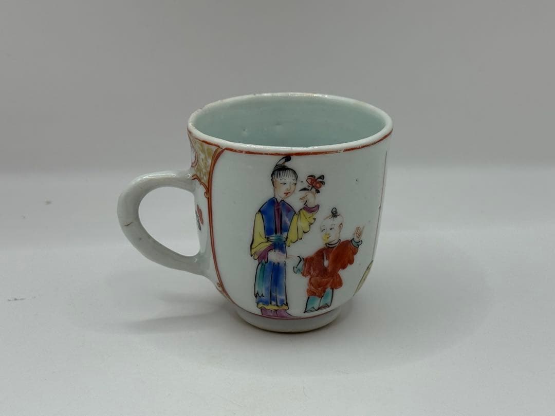 中国　清時代　乾隆時期　粉彩人物紋湯呑み&小皿　アンティーク　送料込み0608