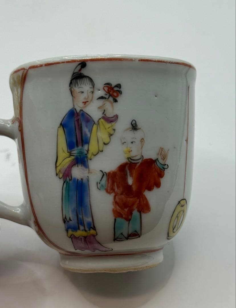 中国　清時代　乾隆時期　粉彩人物紋湯呑み&小皿　アンティーク　送料込み0608