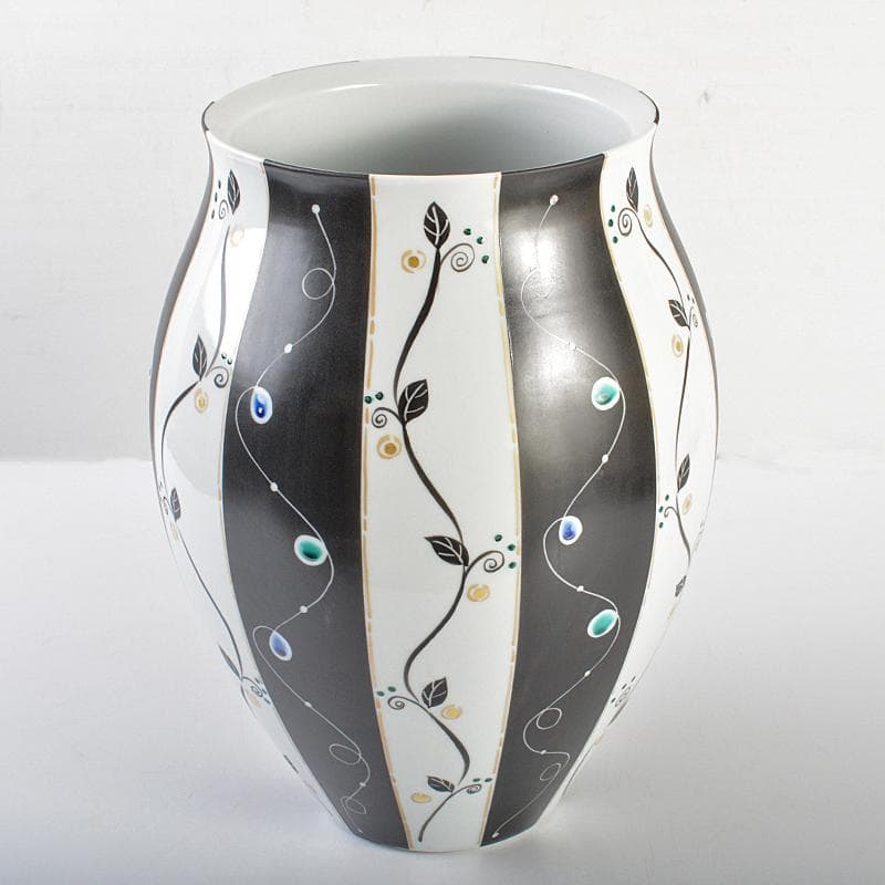 九谷焼　椿窯　吉田洋子作　黒釉金彩　花器　共布共箱　M　R6948B