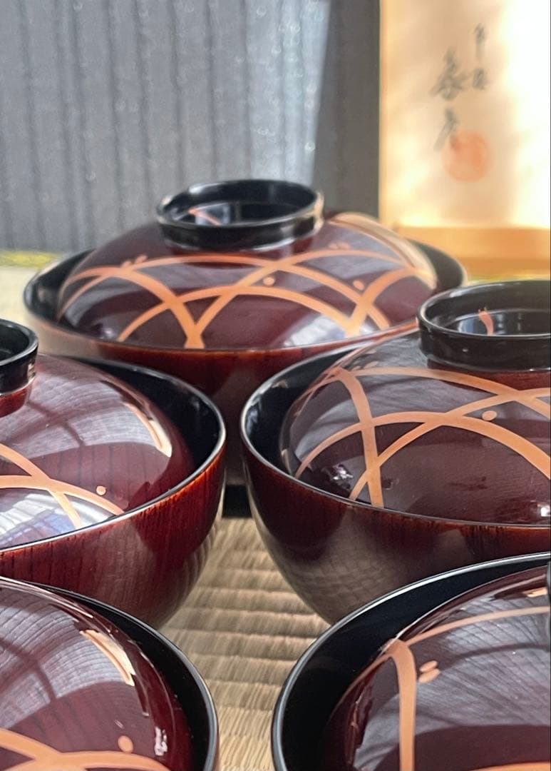 平安象彦 氏作 お椀 吸物椀 蓋付5客 椀 漆器 漆塗り 京都 木箱有