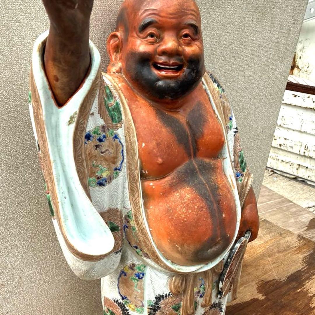 時代物布袋様、九谷焼、昭和レトロ色絵置物　美術品骨董品　縁起物、古美術品60cm