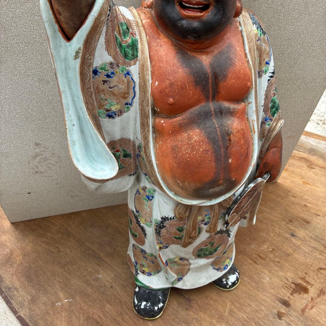 時代物布袋様、九谷焼、昭和レトロ色絵置物　美術品骨董品　縁起物、古美術品60cm