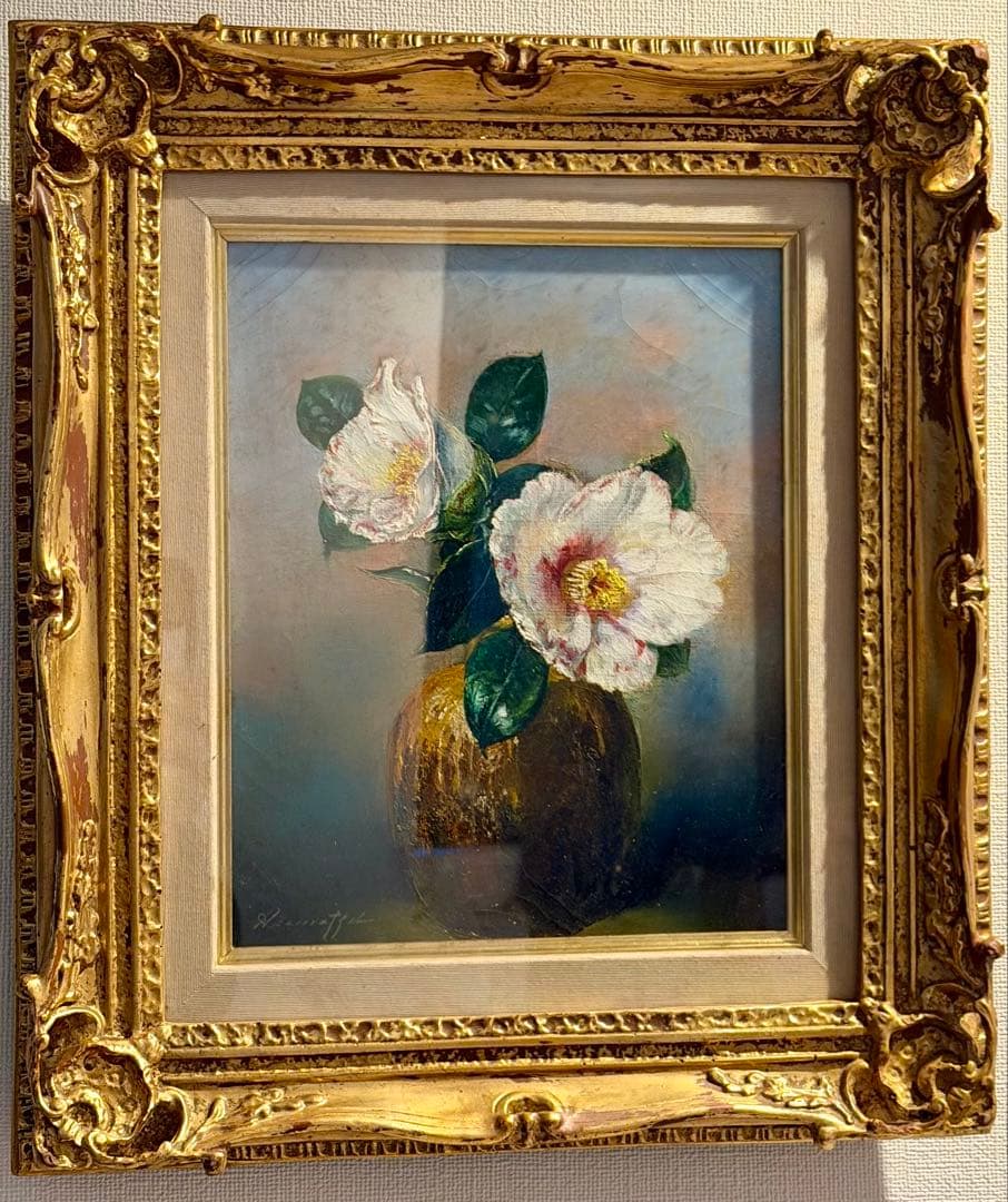 赤松克巳「備前の椿」油彩画 额装 静物花卉作品 #104