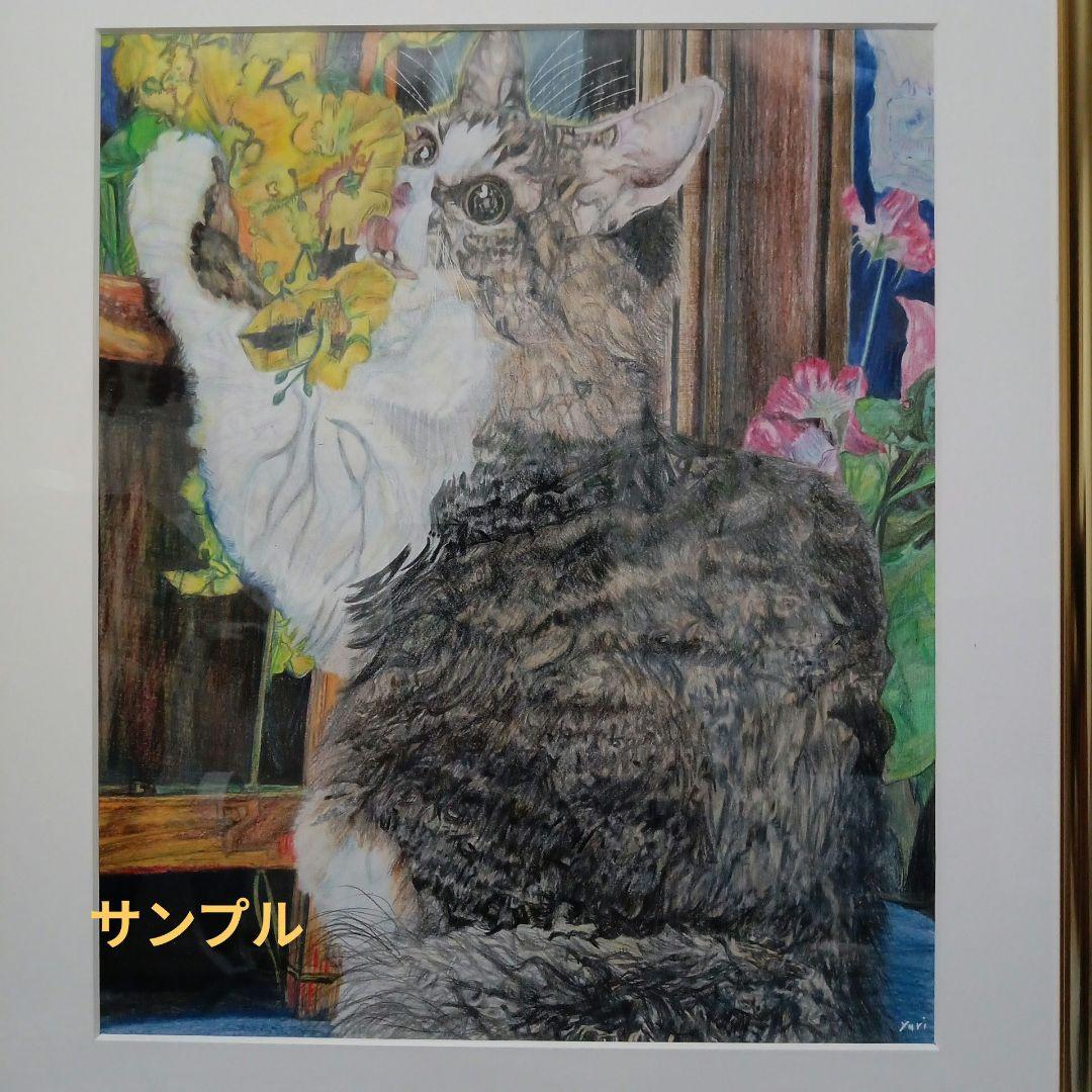 猫ちゃん　色鉛筆画　サンプル　手書き　ハンドメイド　一点物　オリジナル作品　愛猫