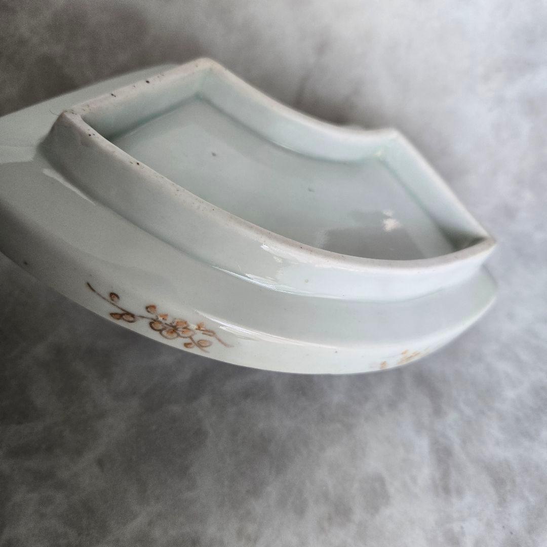 古伊万里　金彩　赤絵　扇面型皿　菊花流水　江戸中期　変形皿　骨董　アンティーク
